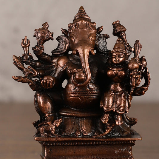 Pure copper Maha Ganapati Seated with Riddhi Idol - 3.5"