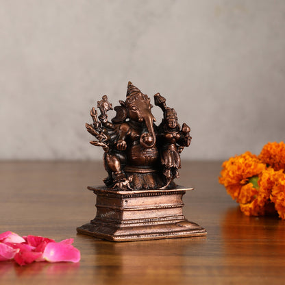 Pure copper Maha Ganapati Seated with Riddhi Idol - 3.5"