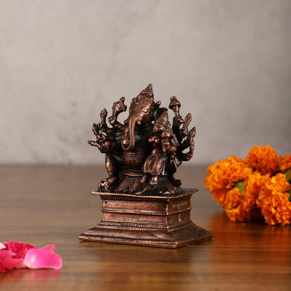 Pure copper Maha Ganapati Seated with Riddhi Idol - 3.5"