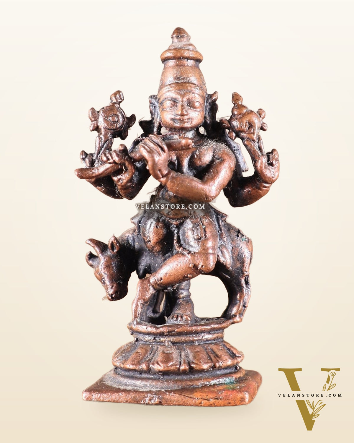 Pure Copper Miniature Lord Krishna with Cow Idol 2"
