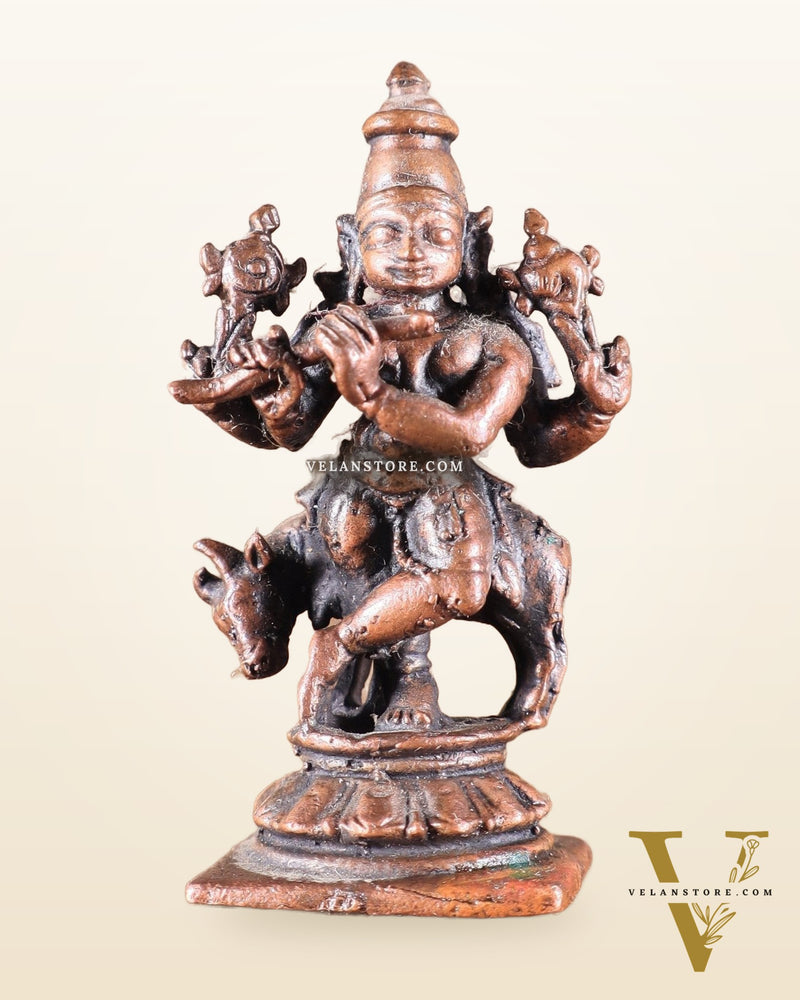 Pure Copper Miniature Lord Krishna with Cow Idol 2"