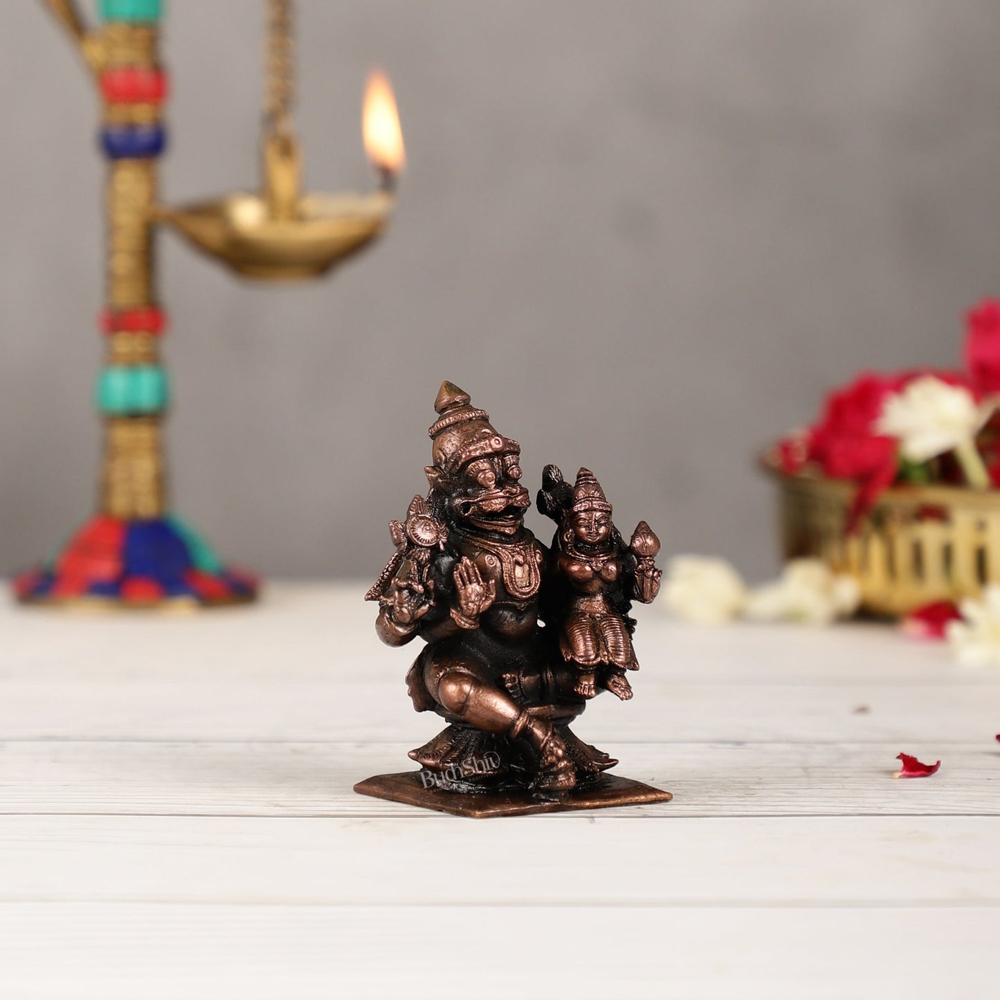 Pure Copper Narsimha Lakshmi Idol | Height 3 inch | BudhShiv Brass Handicrafts