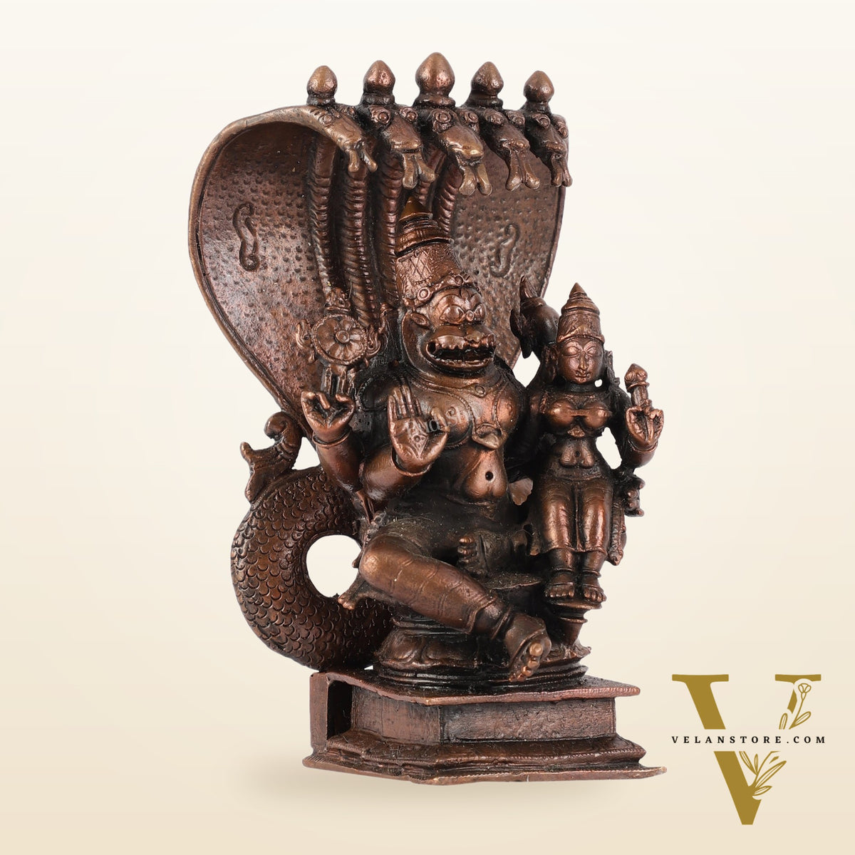 Pure Copper Narsimha Lakshmi with Sheshanaag Idol - 6 Inch