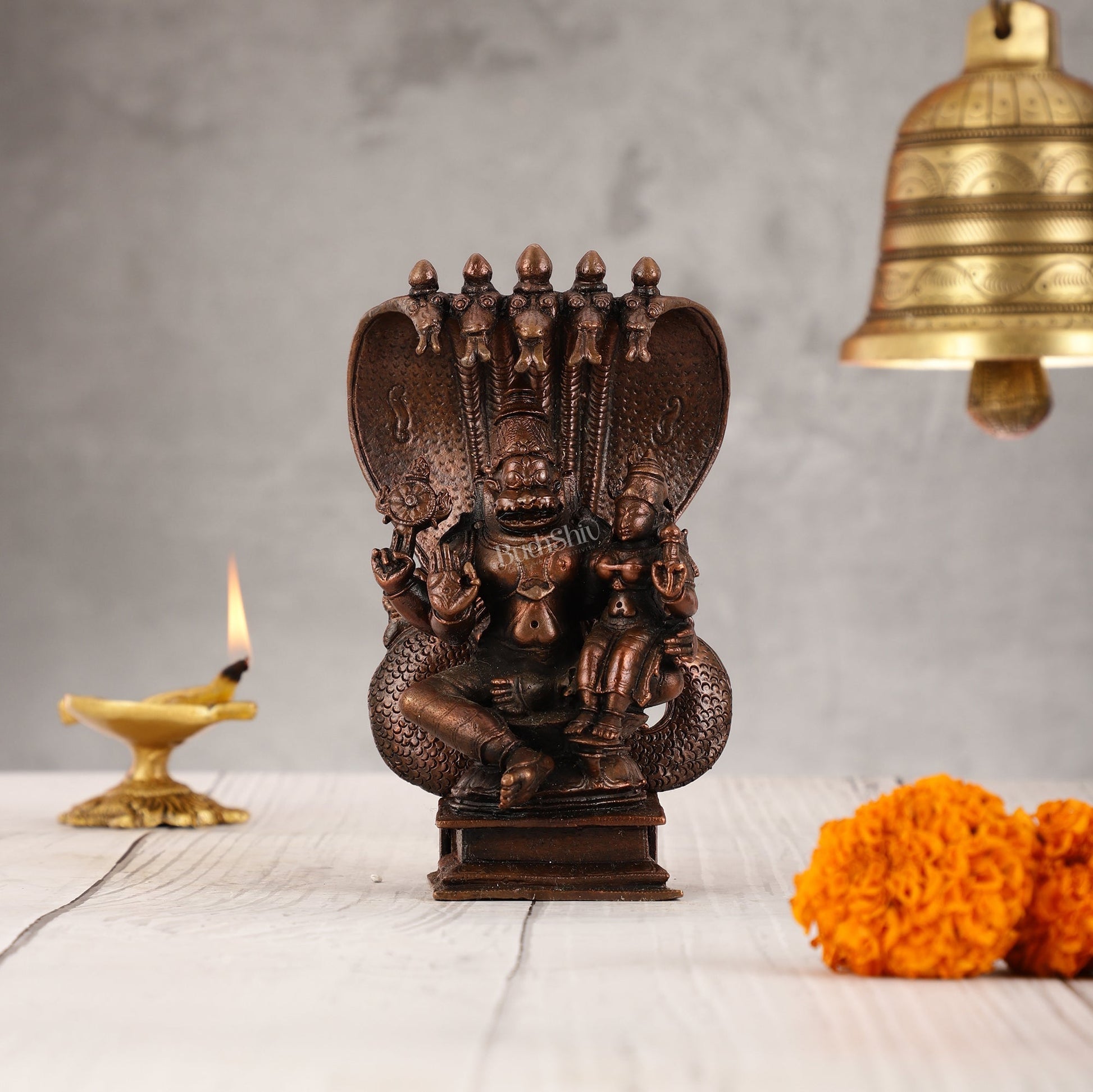 Pure Copper Narsimha Lakshmi with Sheshanaag Idol - 6 Inch