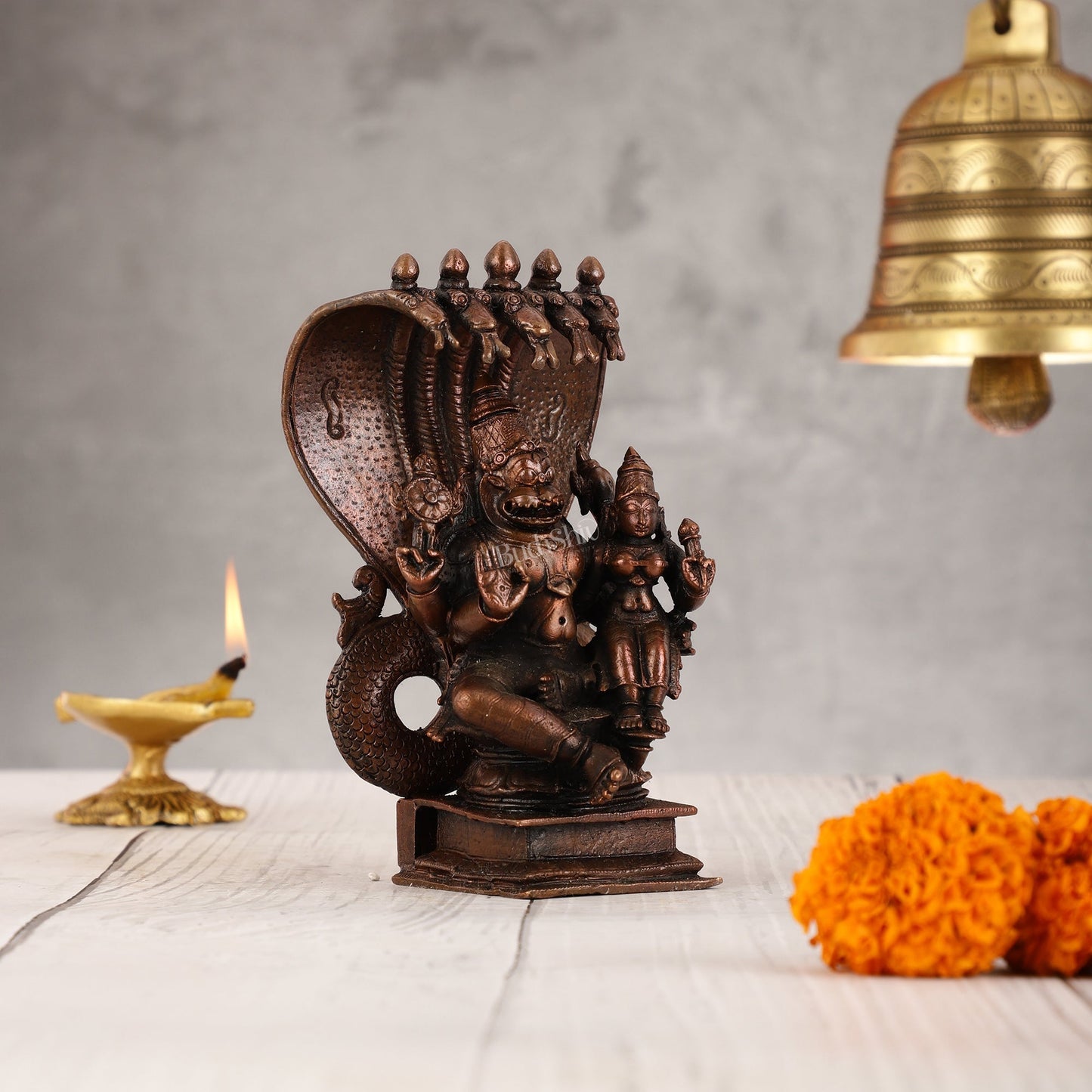 Pure Copper Narsimha Lakshmi with Sheshanaag Idol - 6 Inch