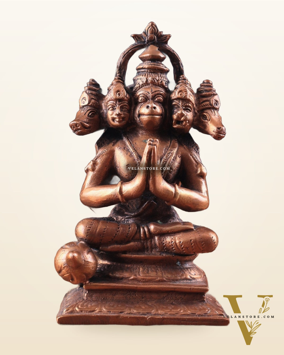 Pure Copper Panchmukhi Hanuman Sitting with Crossed Legs Idol 5"
