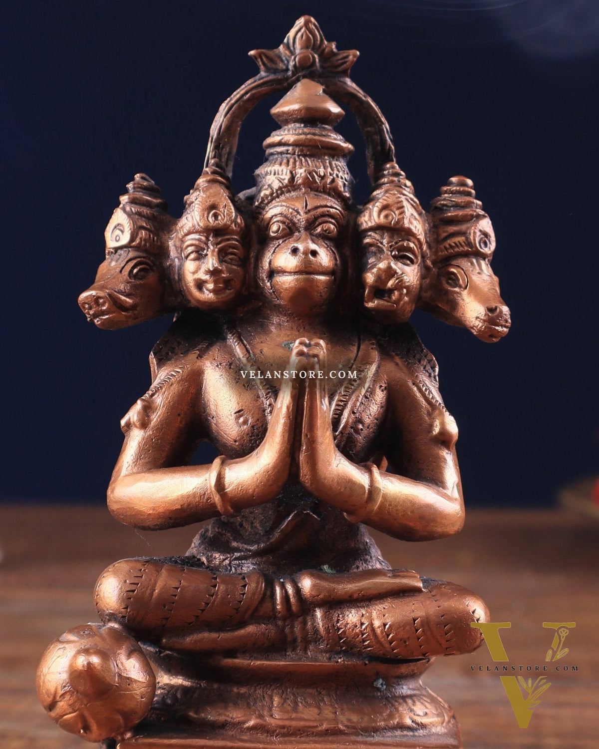 Pure Copper Panchmukhi Hanuman Sitting with Crossed Legs Idol 5"