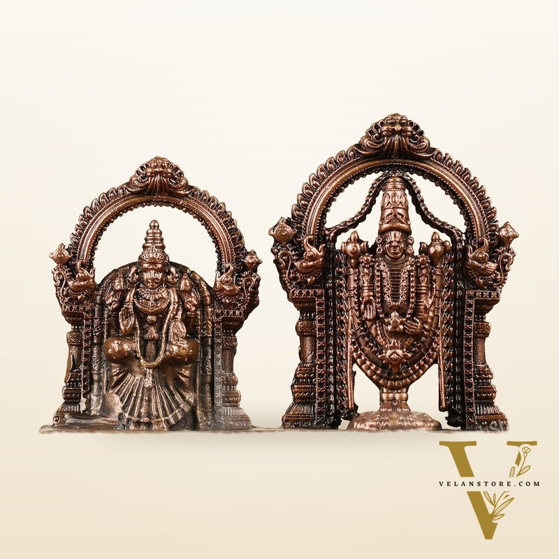 Pure Copper Perumal Thayar Tirupati Balaji with Padmavati - Divine Statue 3.5"