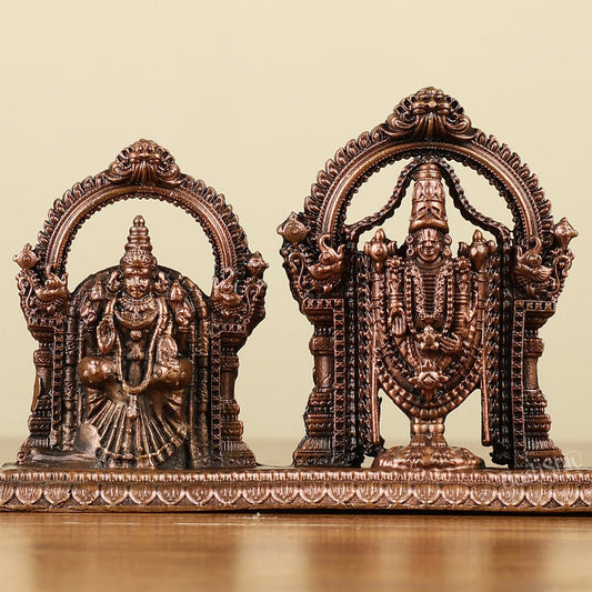 Pure Copper Perumal Thayar Tirupati Balaji with Padmavati - Divine Statue 3.5"