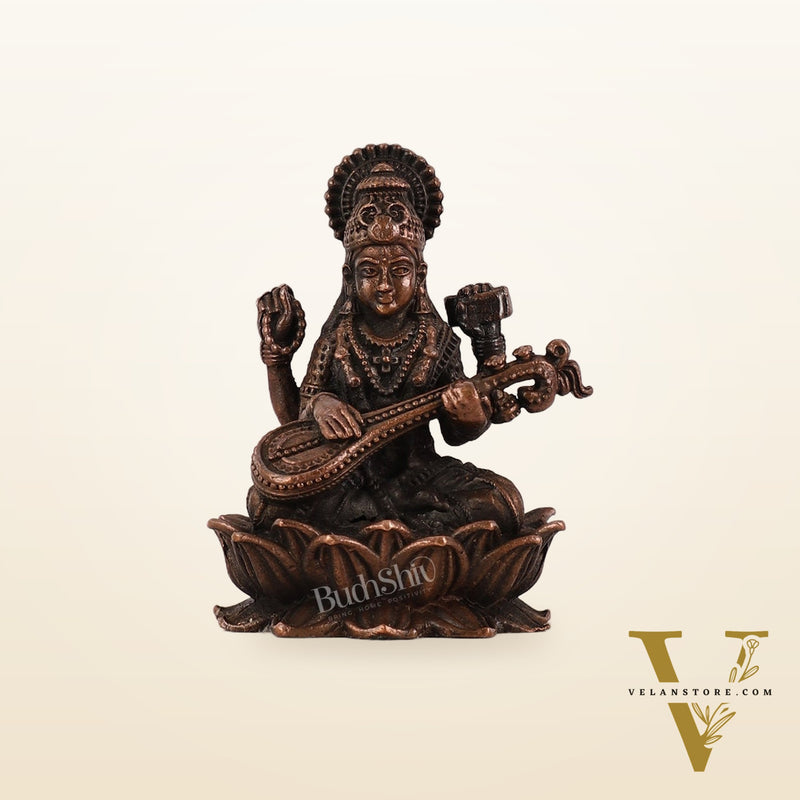 Pure Copper Saraswati on Lotus Idol | 2.5"