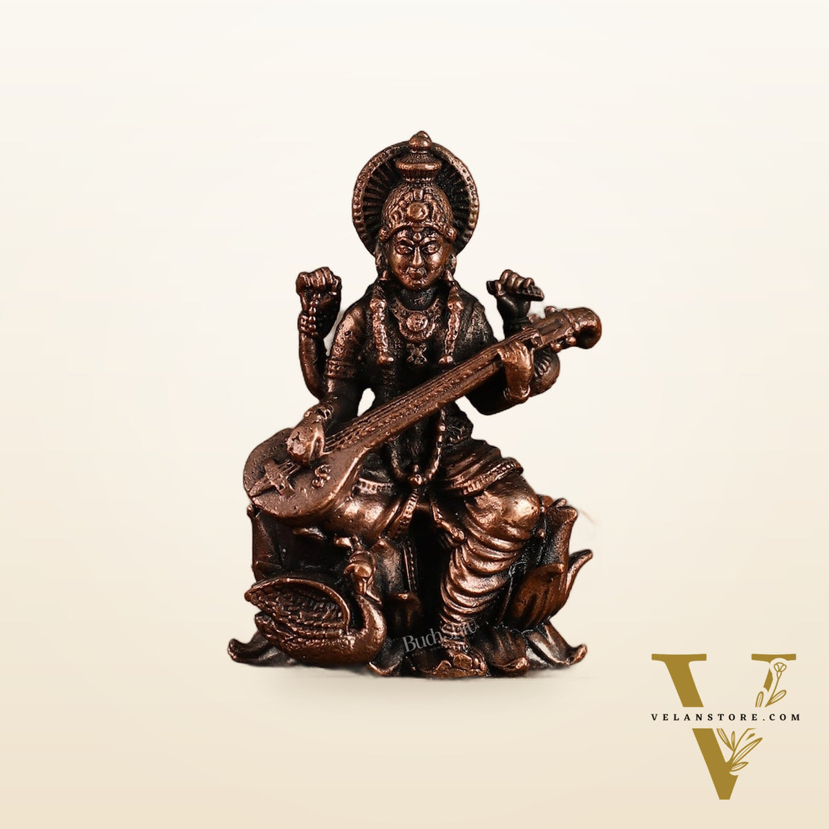 Pure Copper Saraswati on Lotus Idol | 3"