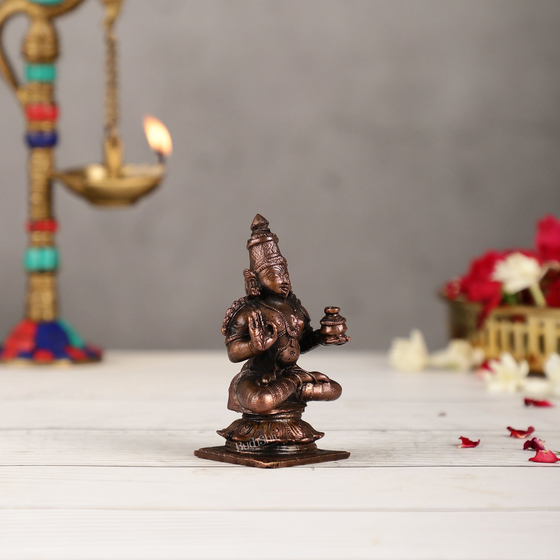 Pure Copper Sitting Dhanvantari Idol | Height 3.5 inch | BudhShiv Brass Handicrafts