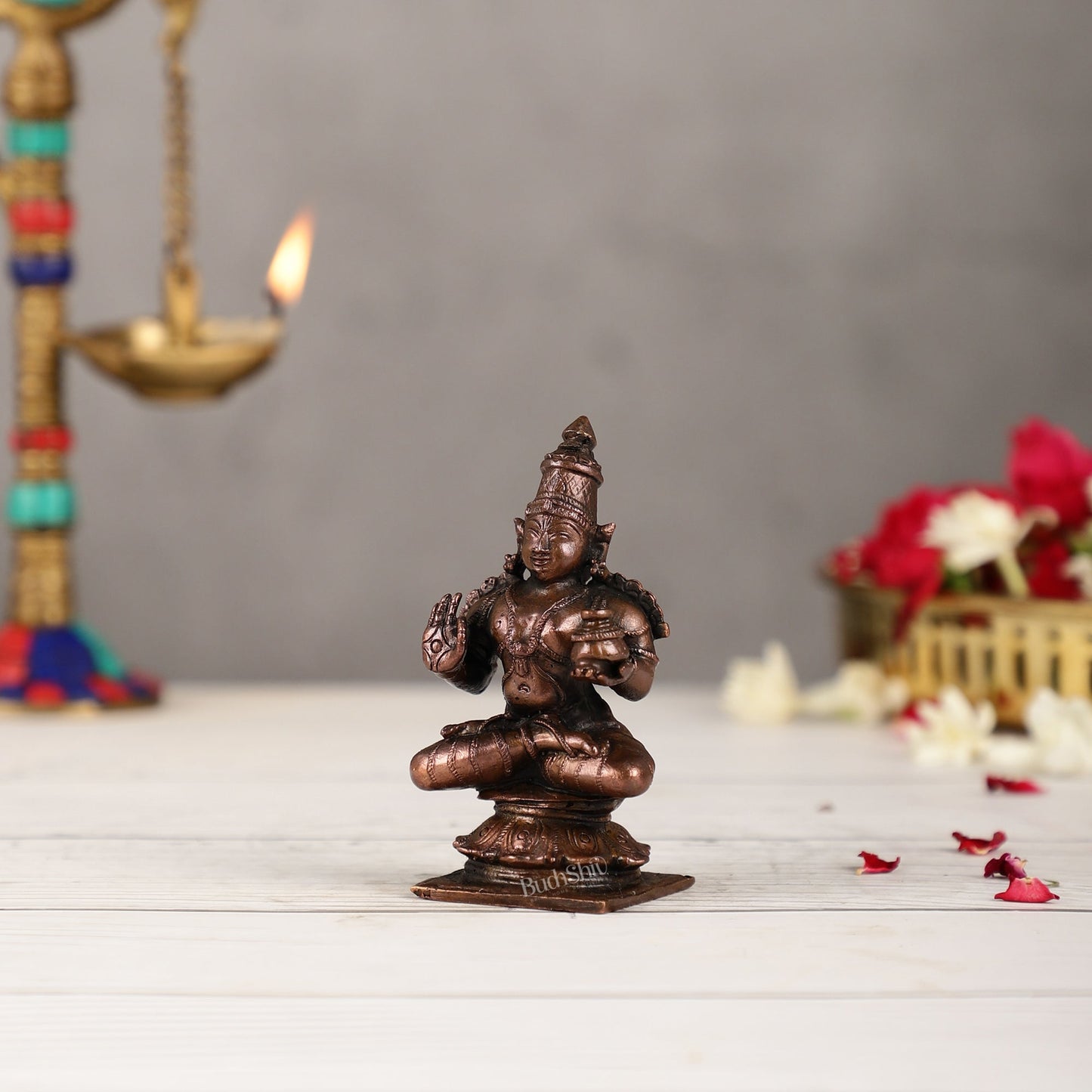 Pure Copper Sitting Dhanvantari Idol | Height 3.5 inch | BudhShiv Brass Handicrafts