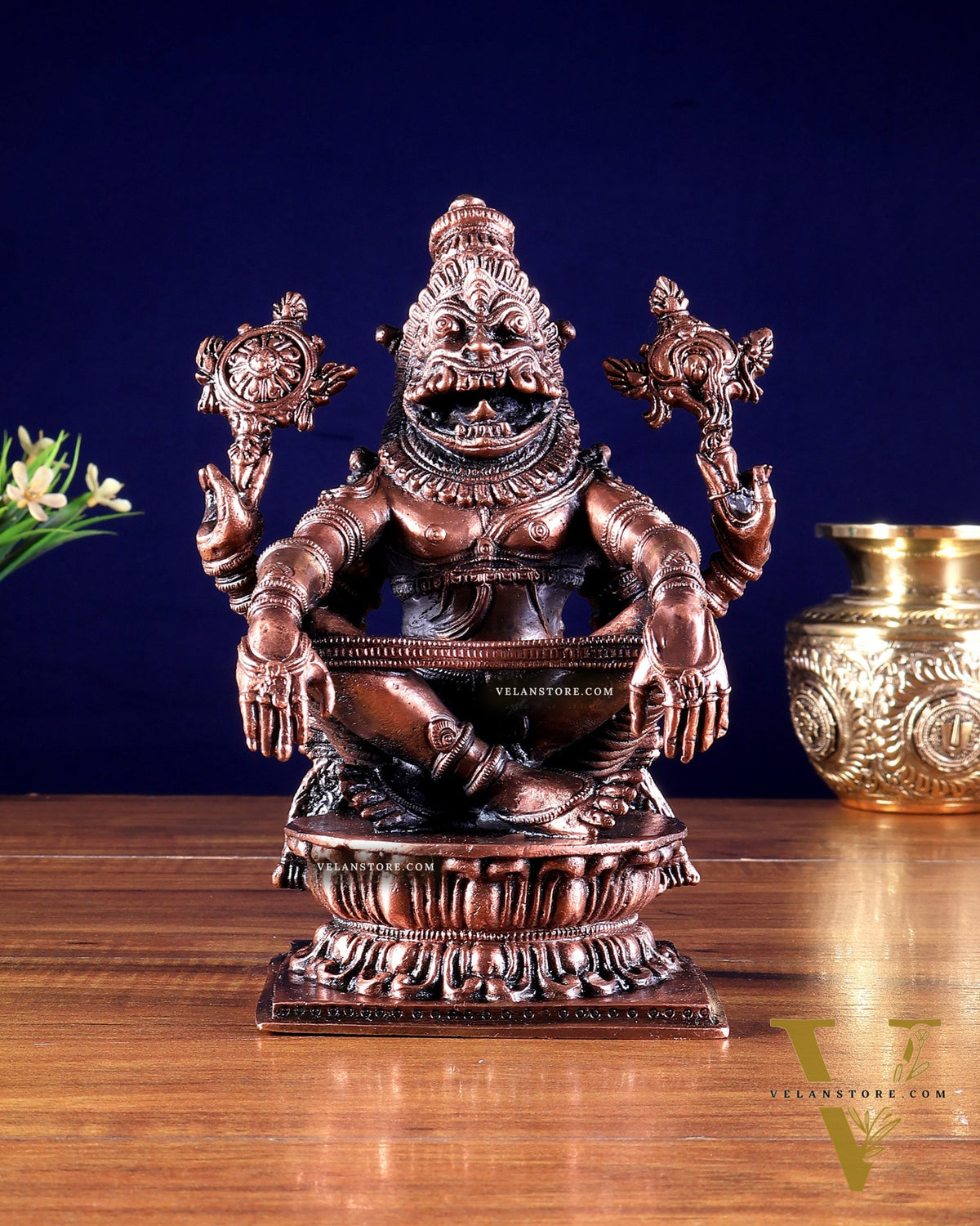 Pure Copper Solid Yoga Narasimha Idol – Large & Heavy 7.5 inch