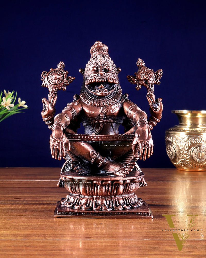 Pure Copper Solid Yoga Narasimha Idol – Large & Heavy 7.5 inch