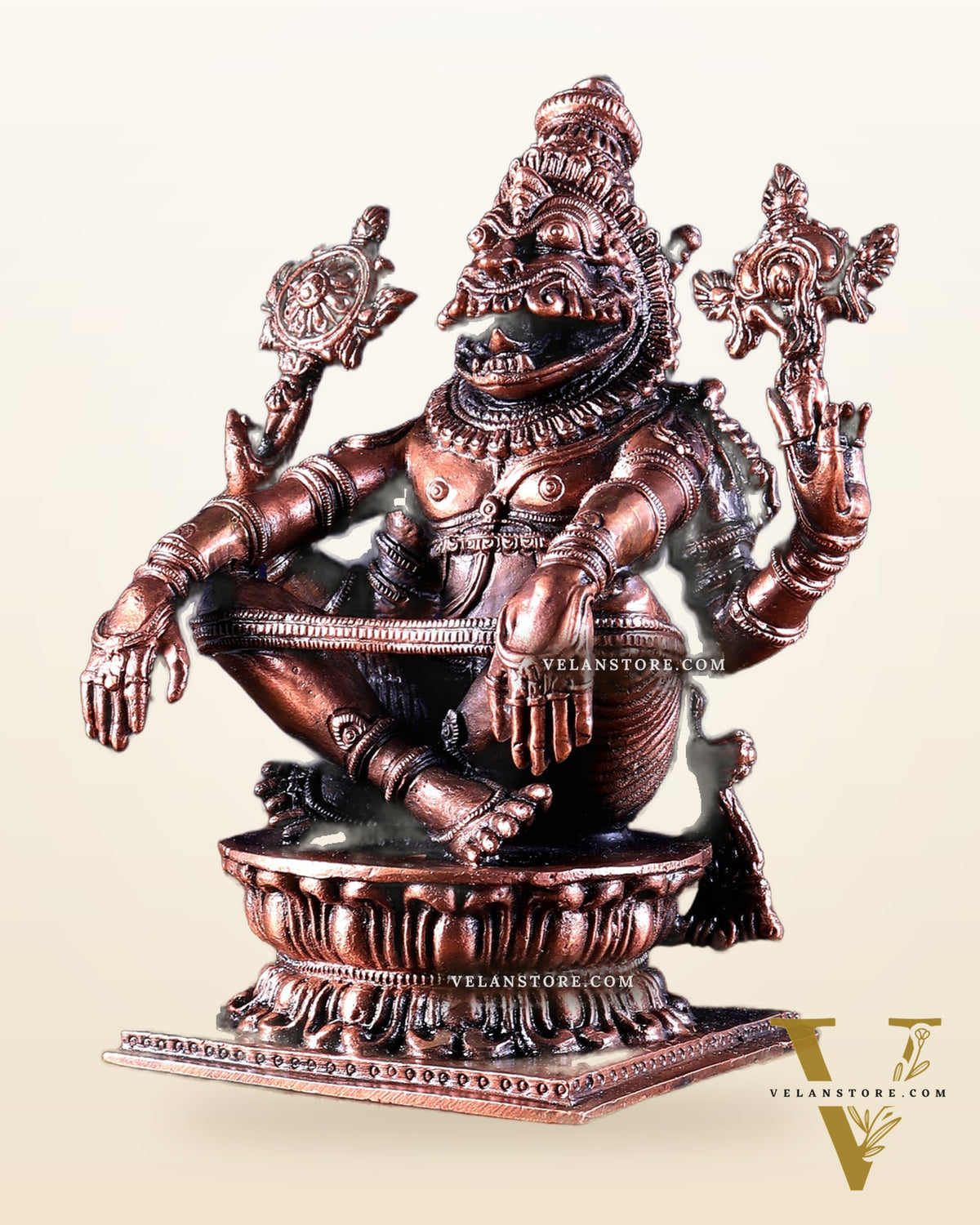 Pure Copper Solid Yoga Narasimha Idol – Large & Heavy 7.5 inch