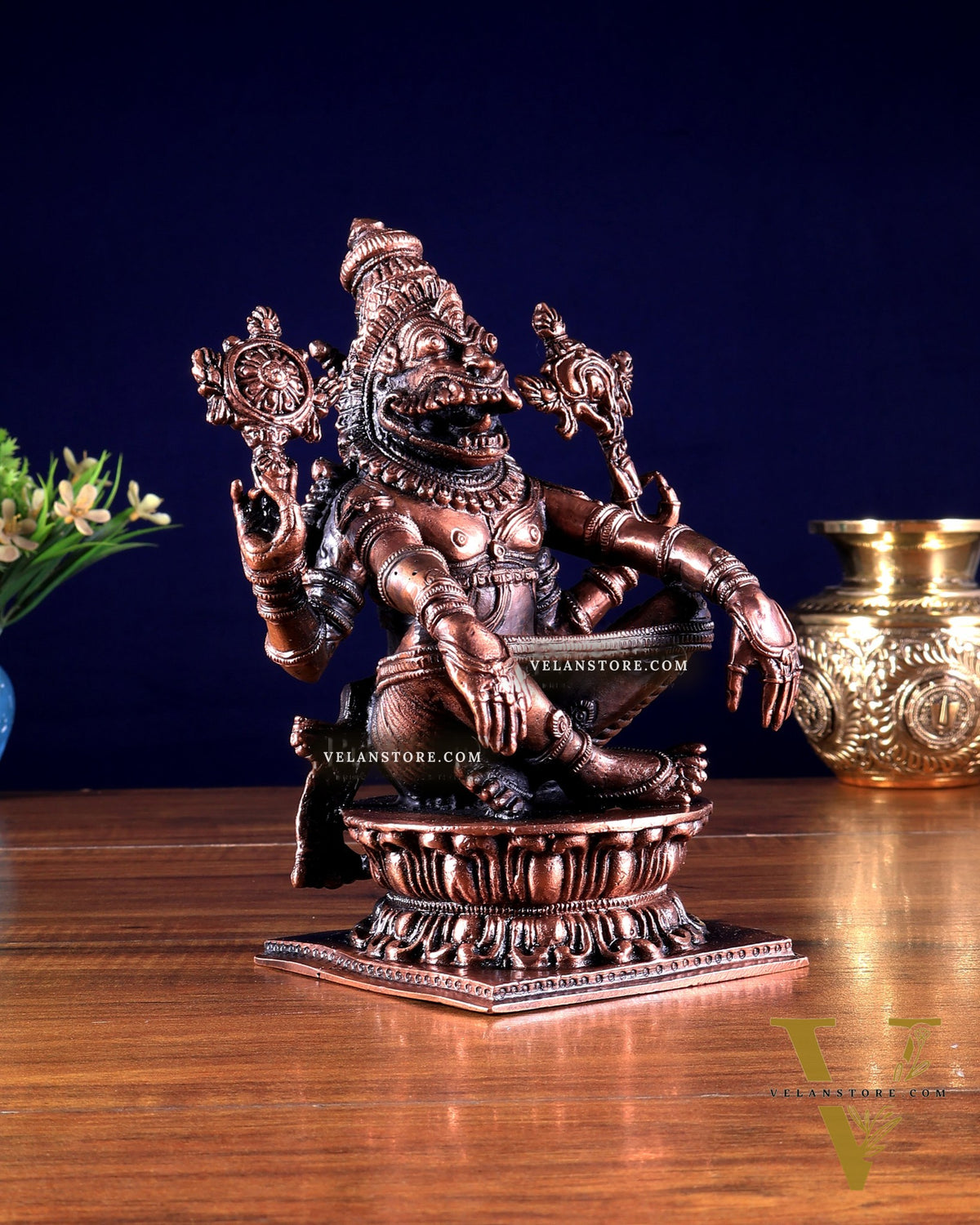 Pure Copper Solid Yoga Narasimha Idol – Large & Heavy 7.5 inch