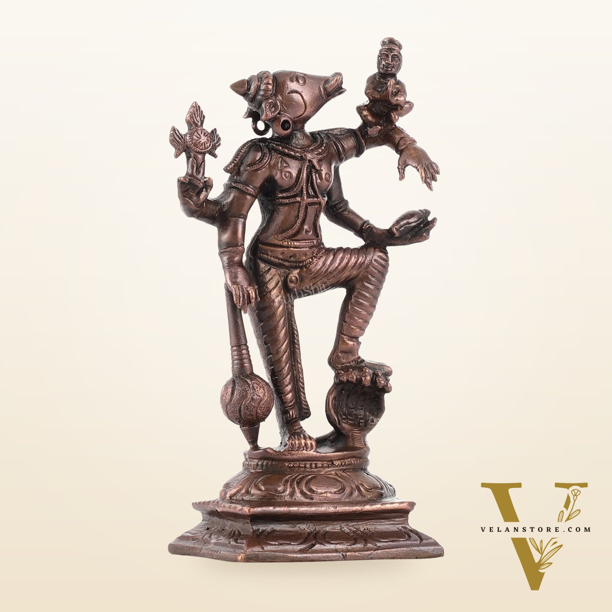 Pure Copper Standing bhoovaraha Lakshmi Bhoomi Devi Idol | Height 5.5 inch | BudhShiv Brass Handicrafts