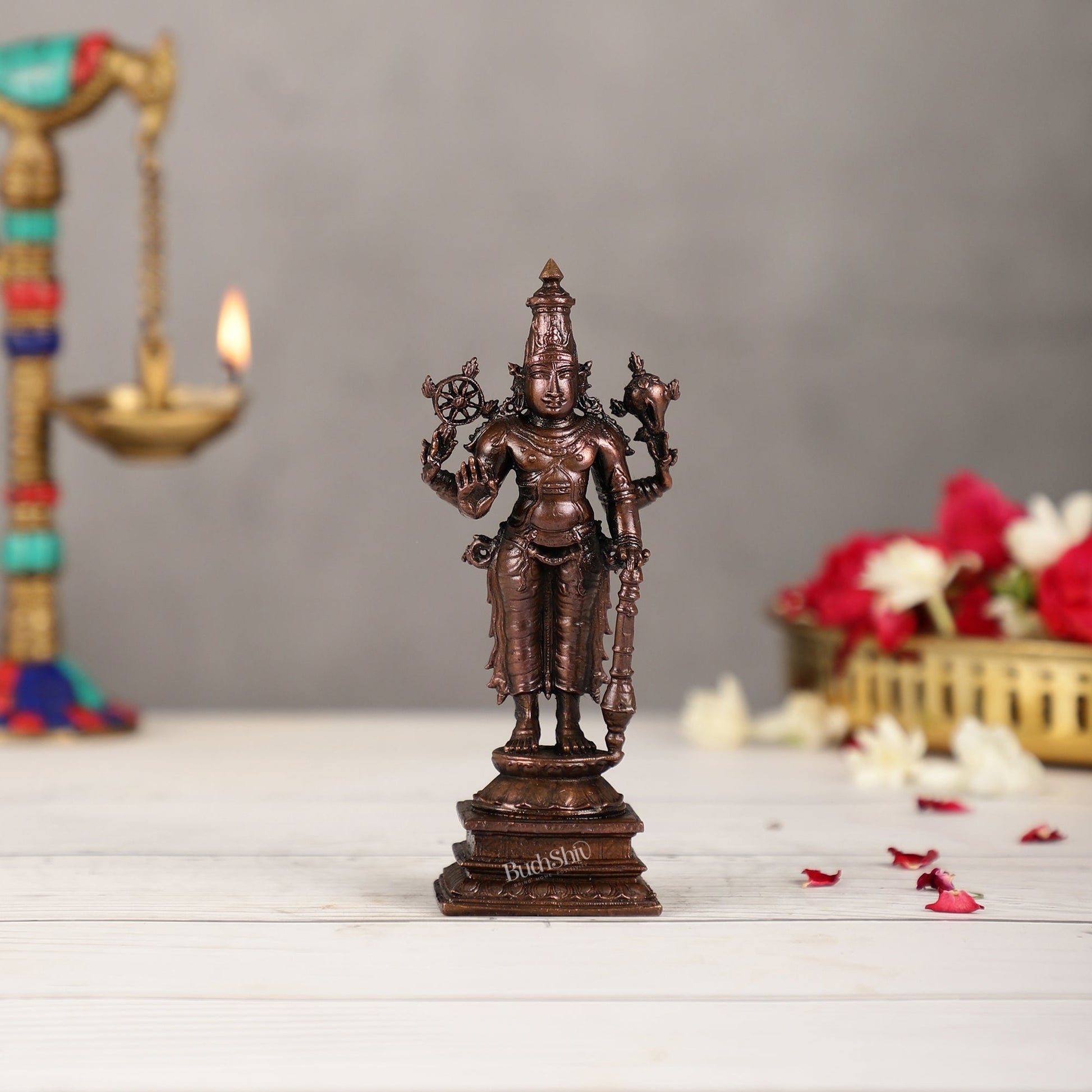 Pure Copper Standing Lord Vishnu Murti Idol - 5.5 inch |
