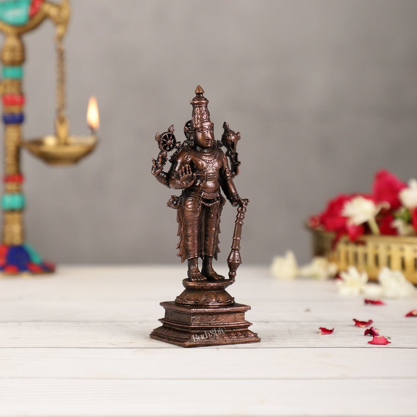 Pure Copper Standing Lord Vishnu Murti Idol - 5.5 inch |