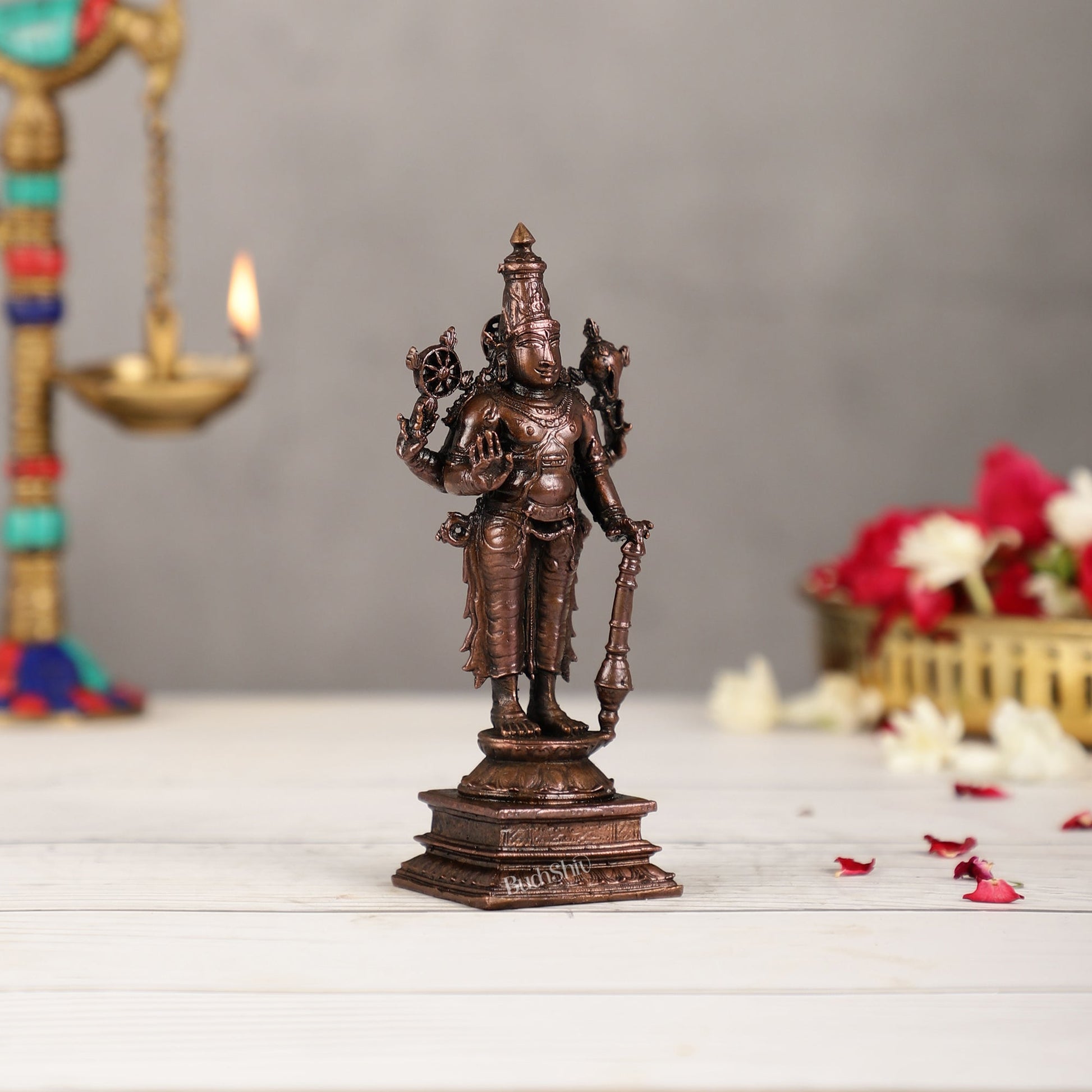 Pure Copper Standing Lord Vishnu Murti Idol - 5.5 inch |