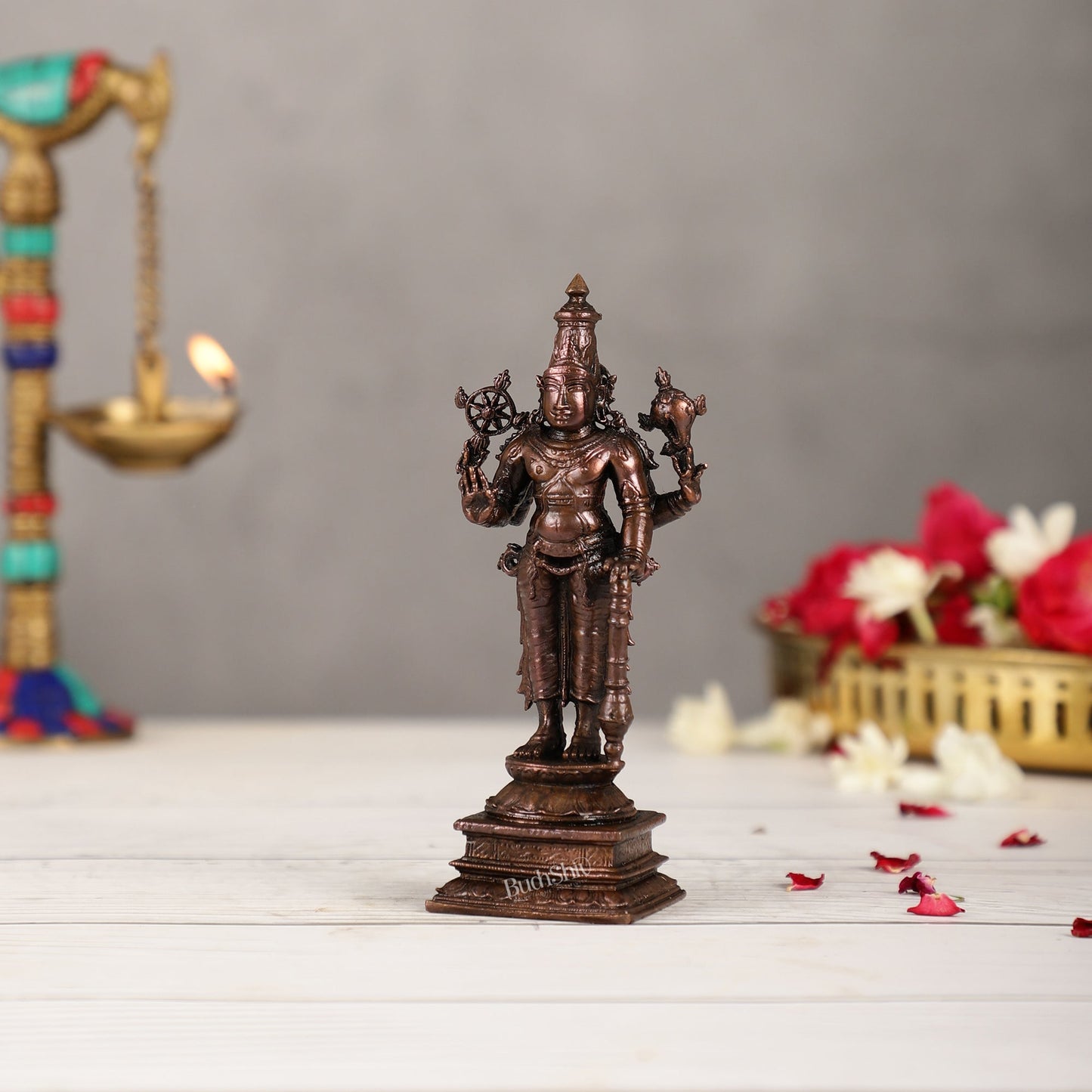 Pure Copper Standing Lord Vishnu Murti Idol - 5.5 inch |