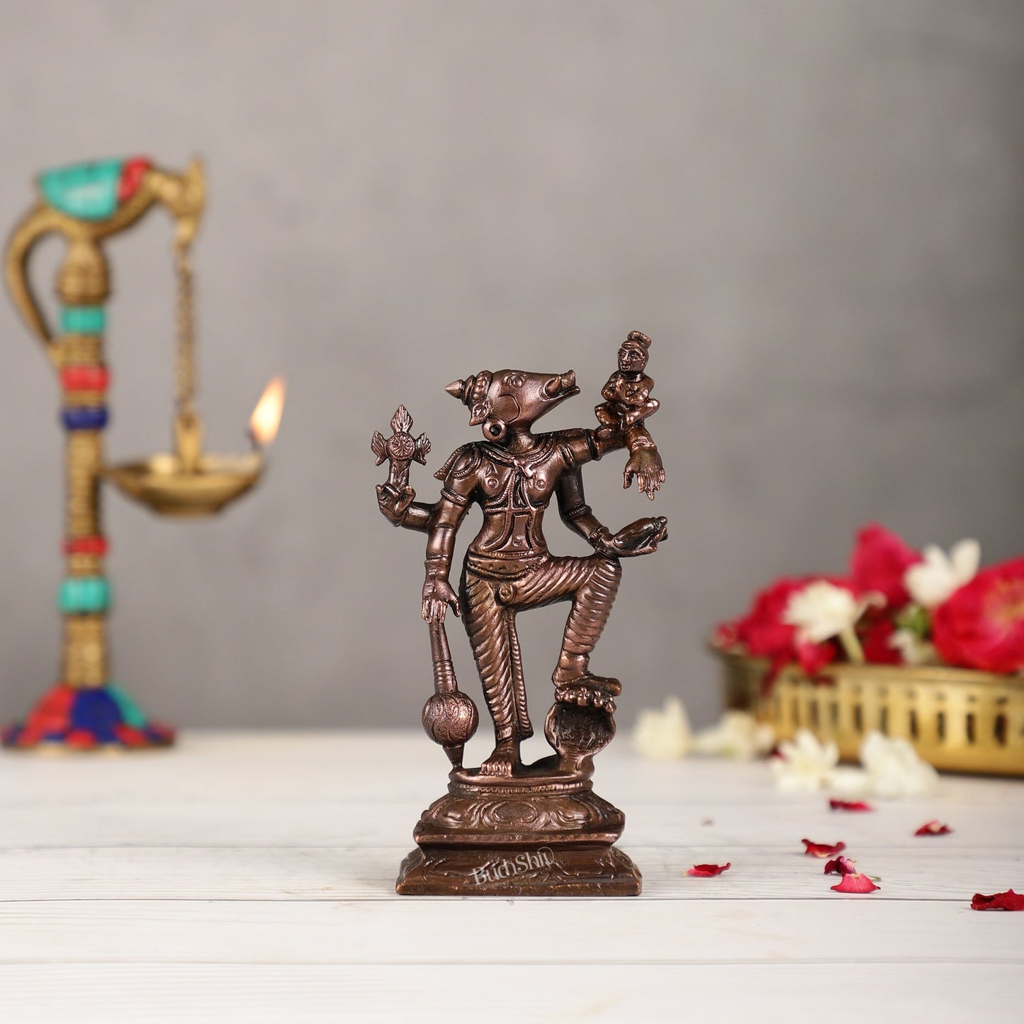 Pure Copper Standing bhoovaraha Lakshmi Bhoomi Devi Idol | Height 5.5 inch | BudhShiv Brass Handicrafts