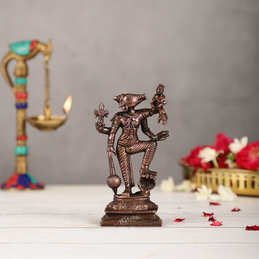 Pure Copper Standing bhoovaraha Lakshmi Bhoomi Devi Idol | Height 5.5 inch | BudhShiv Brass Handicrafts