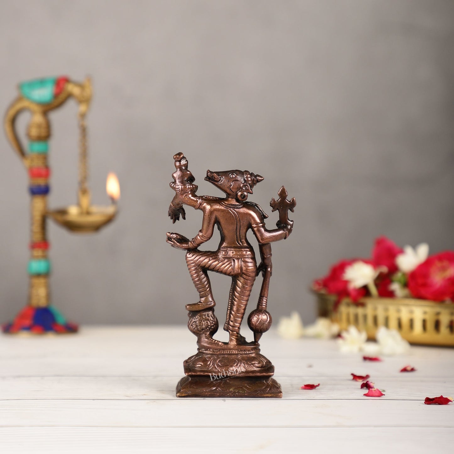 Pure Copper Standing bhoovaraha Lakshmi Bhoomi Devi Idol | Height 5.5 inch | BudhShiv Brass Handicrafts