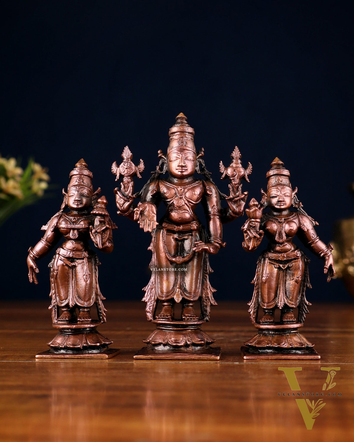 Pure Copper Tirupati Balaji Kalyana Murti Set – Vishnu with Bhudevi & Sridevi 4"