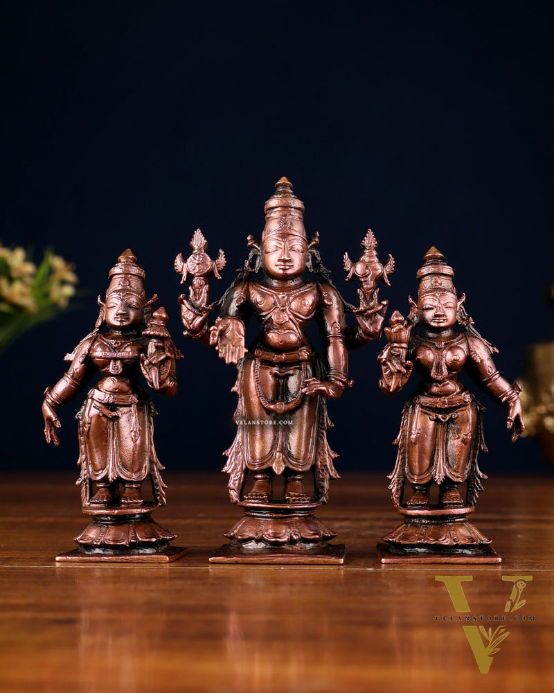 Pure Copper Tirupati Balaji Kalyana Murti Set – Vishnu with Bhudevi & Sridevi 4"