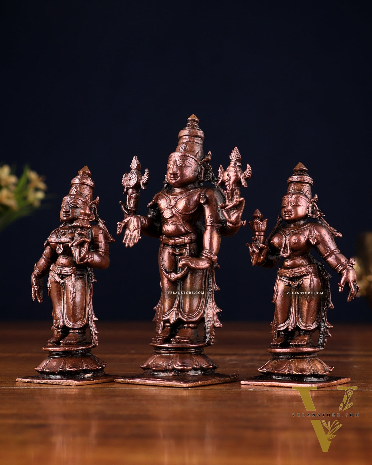 Pure Copper Tirupati Balaji Kalyana Murti Set – Vishnu with Bhudevi & Sridevi 4"