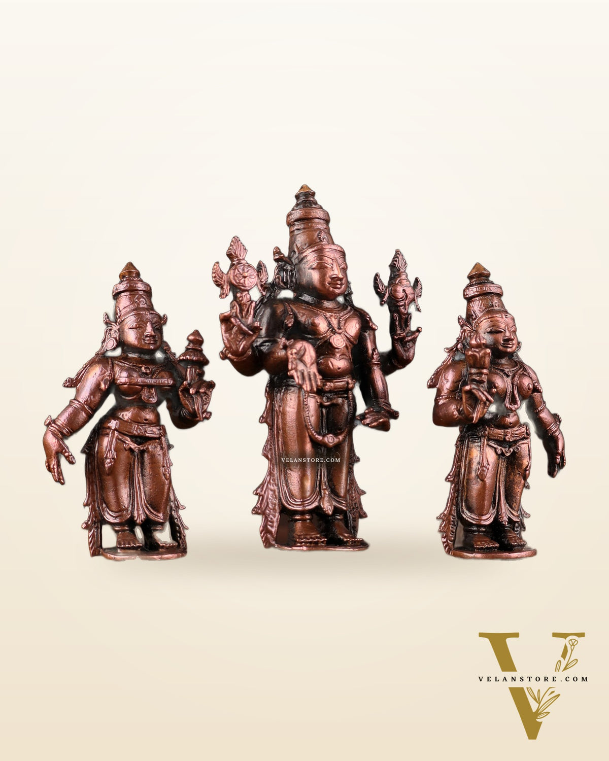 Pure Copper Tirupati Balaji Kalyana Murti Set – Vishnu with Bhudevi & Sridevi 4"