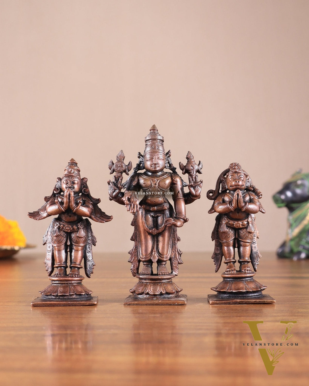 Pure Copper Tirupati Balaji with Hanuman & Garuda Idol Set 5"