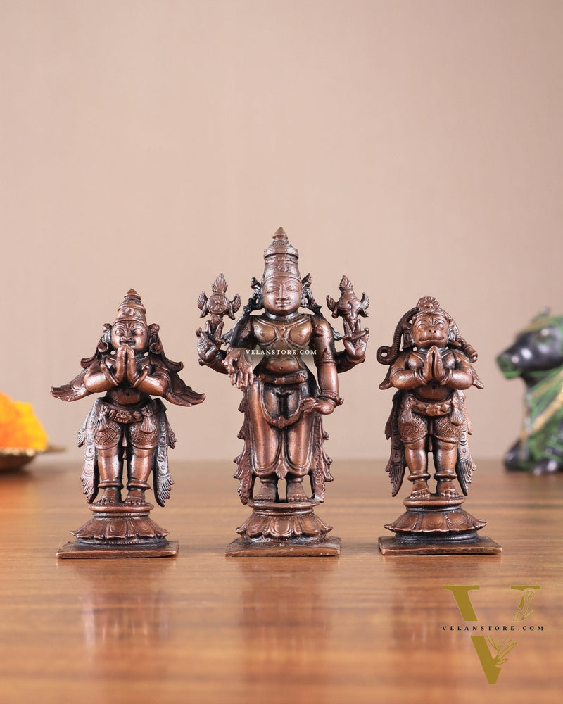 Pure Copper Tirupati Balaji with Hanuman & Garuda Idol Set 5"