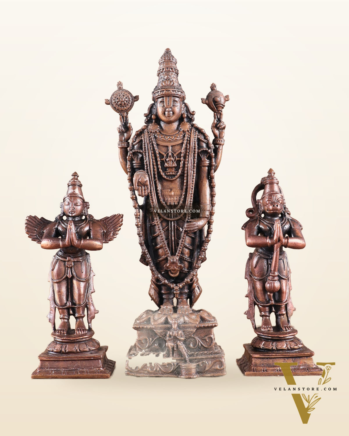 Pure Copper Tirupati Balaji with Hanuman & Garuda Idol Set 6.5"