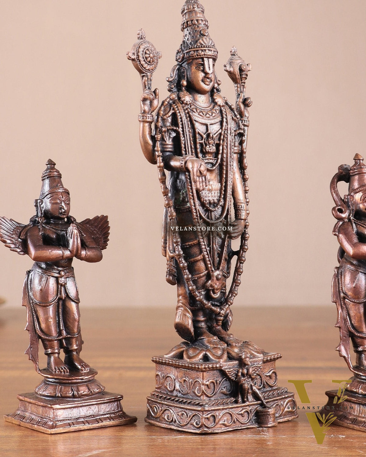 Pure Copper Tirupati Balaji with Hanuman & Garuda Idol Set 6.5"