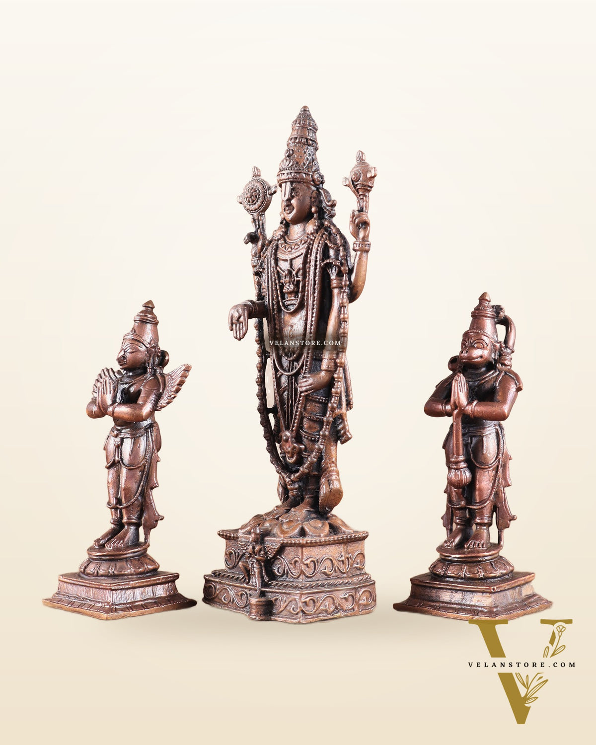 Pure Copper Tirupati Balaji with Hanuman & Garuda Idol Set 6.5"