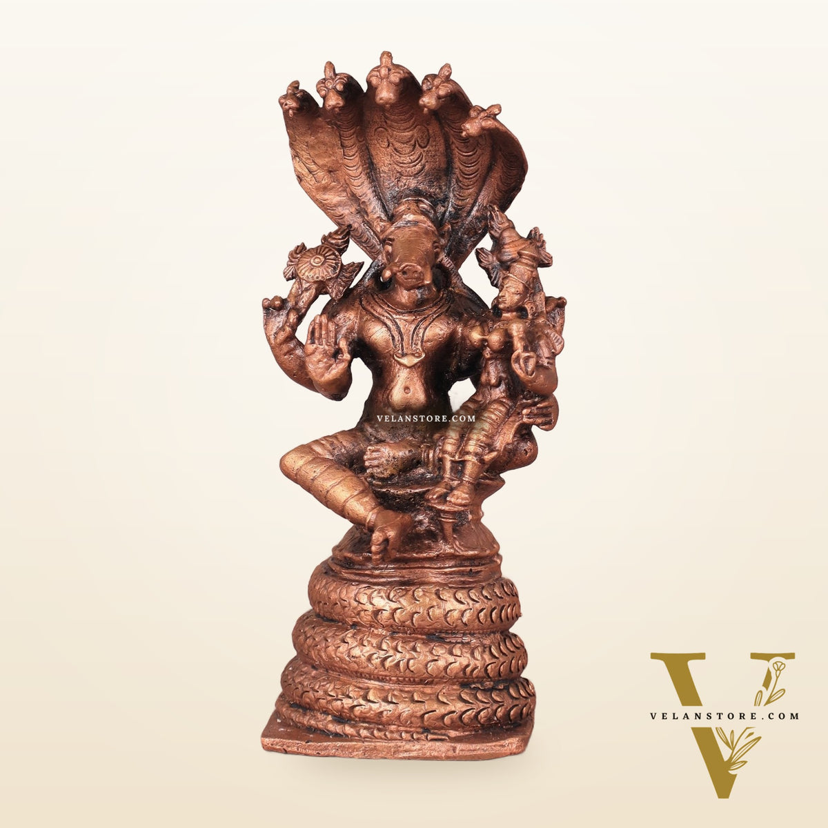 Pure Copper Varaha Lakshmi Idol Seated on Sheshnaag - 5.5 Inch