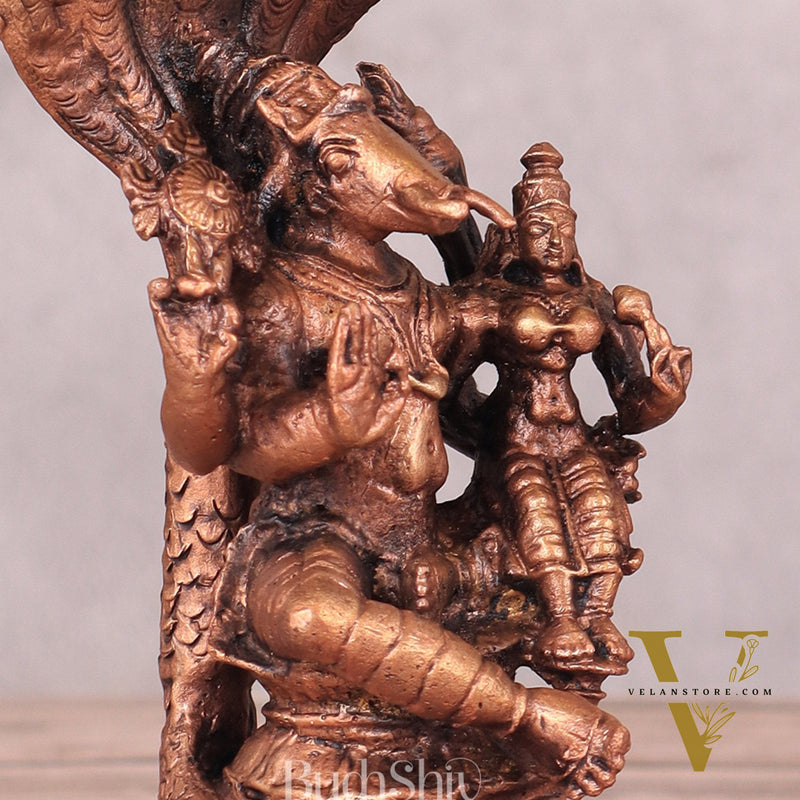 Pure Copper Varaha Lakshmi Idol Seated on Sheshnaag - 5.5 Inch