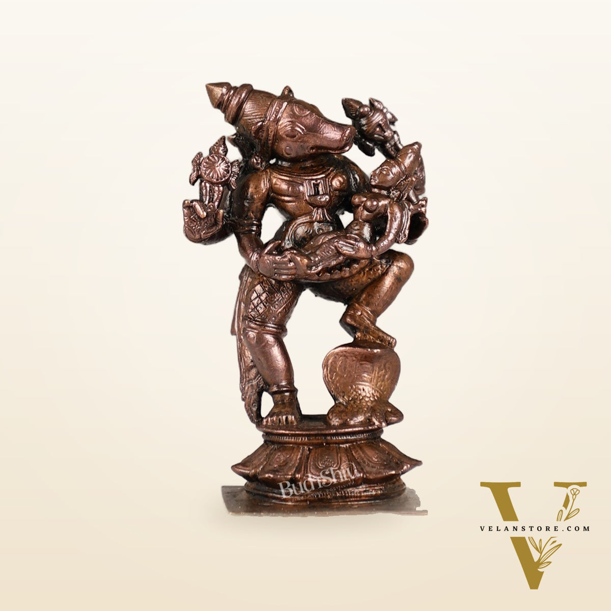 Pure Copper Varaha with Lakshmi Bhoomi Devi Idol | Height 3.5 inch | BudhShiv Brass Handicrafts