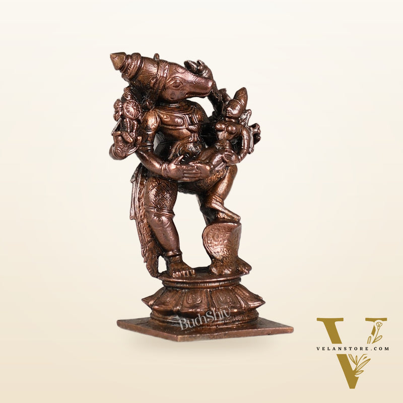 Pure Copper Varaha with Lakshmi Bhoomi Devi Idol | Height 3.5 inch | BudhShiv Brass Handicrafts