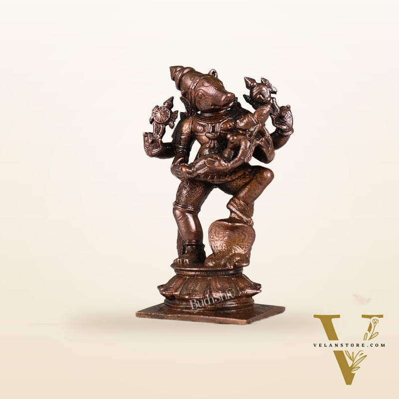 Pure Copper Varaha with Lakshmi Bhoomi Devi Idol | Height 3.5 inch | BudhShiv Brass Handicrafts