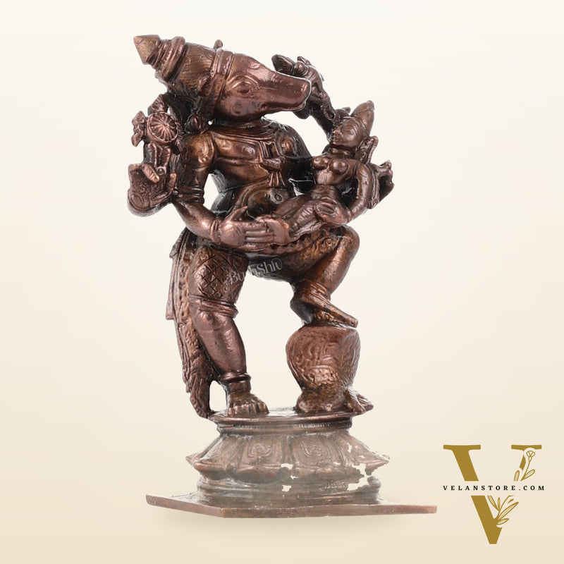 Pure Copper Varaha with Lakshmi Bhoomi Devi Idol | Height 3.5 inch | BudhShiv Brass Handicrafts