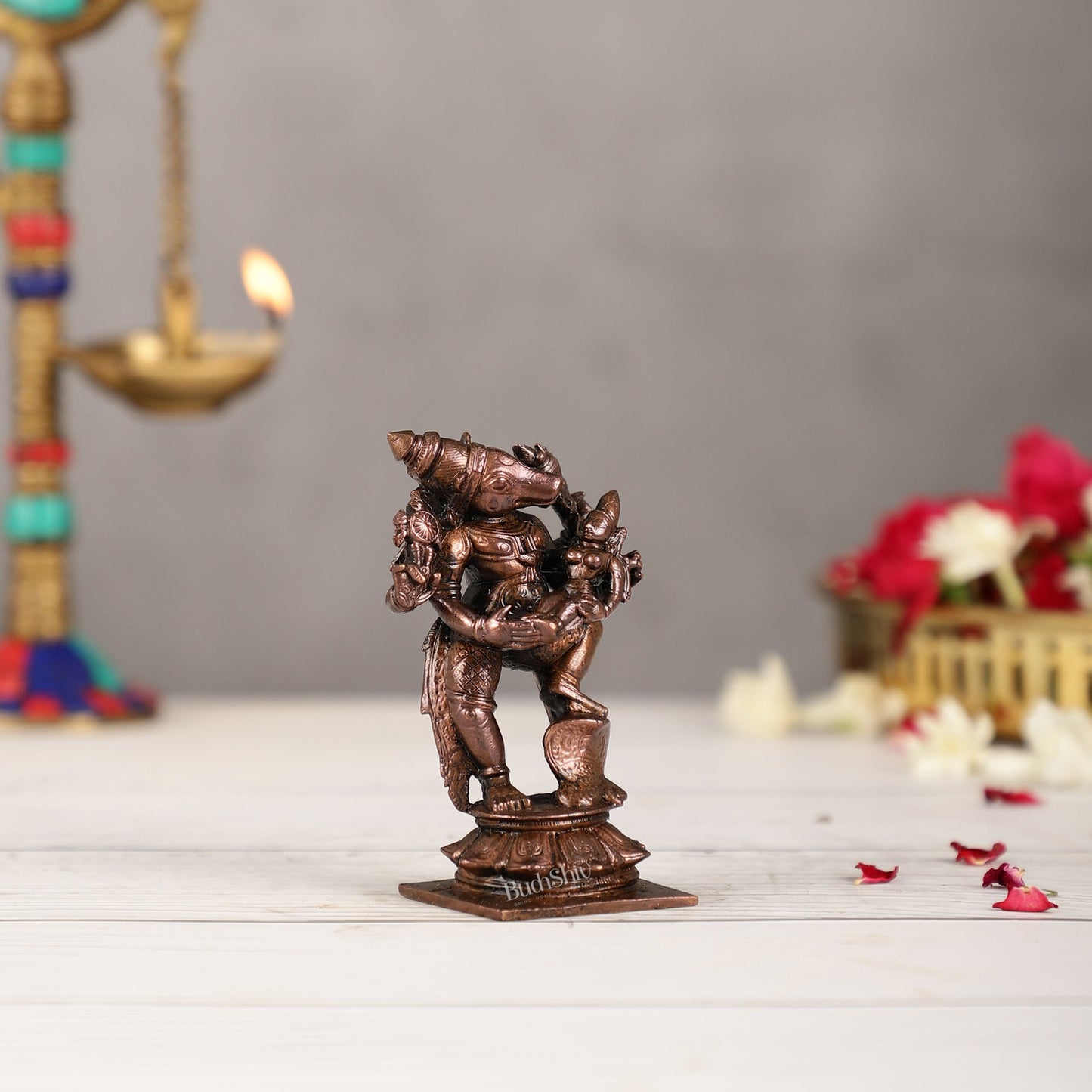 Pure Copper Varaha with Lakshmi Bhoomi Devi Idol | Height 3.5 inch | BudhShiv Brass Handicrafts