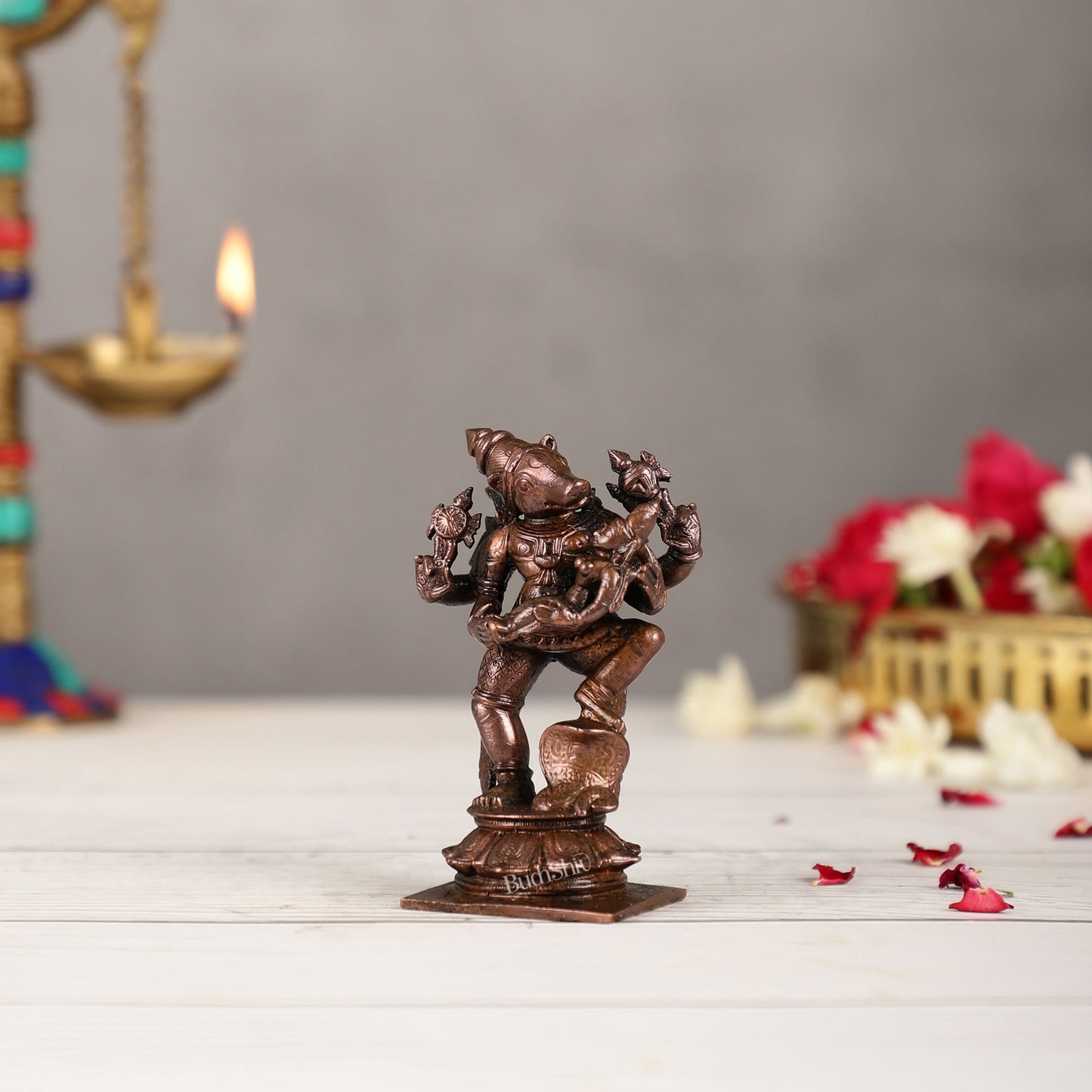 Pure Copper Varaha with Lakshmi Bhoomi Devi Idol | Height 3.5 inch | BudhShiv Brass Handicrafts