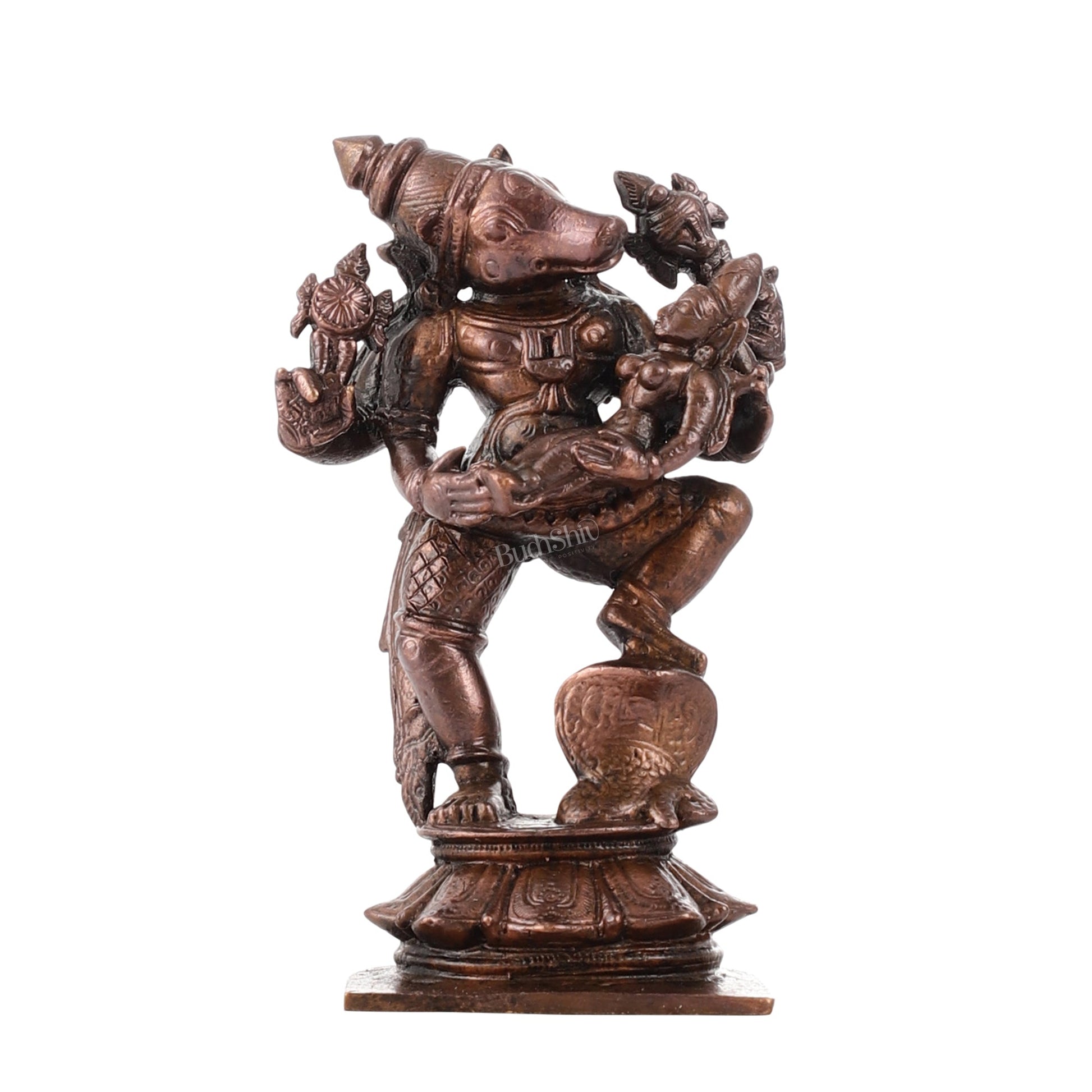 Pure Copper Varaha with Lakshmi Bhoomi Devi Idol | Height 3.5 inch | BudhShiv Brass Handicrafts