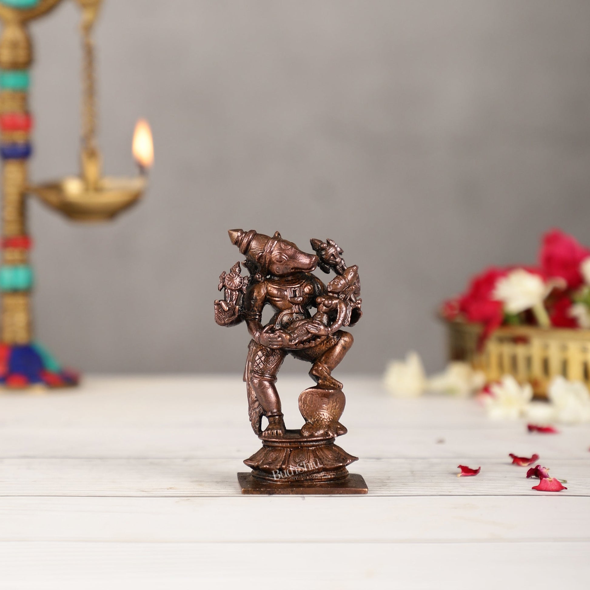 Pure Copper Varaha with Lakshmi Bhoomi Devi Idol | Height 3.5 inch | BudhShiv Brass Handicrafts