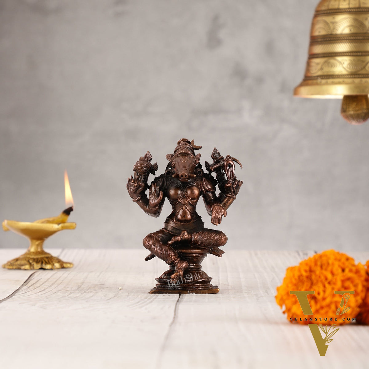 Pure Copper Varahi Amman Idol six arms | Height 3.5 inch | BudhShiv Brass Handicrafts