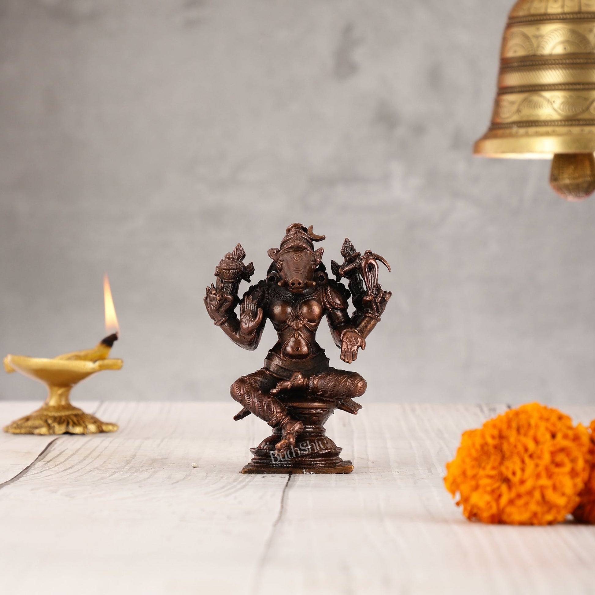 Pure Copper Varahi Amman Idol six arms | Height 3.5 inch | BudhShiv Brass Handicrafts